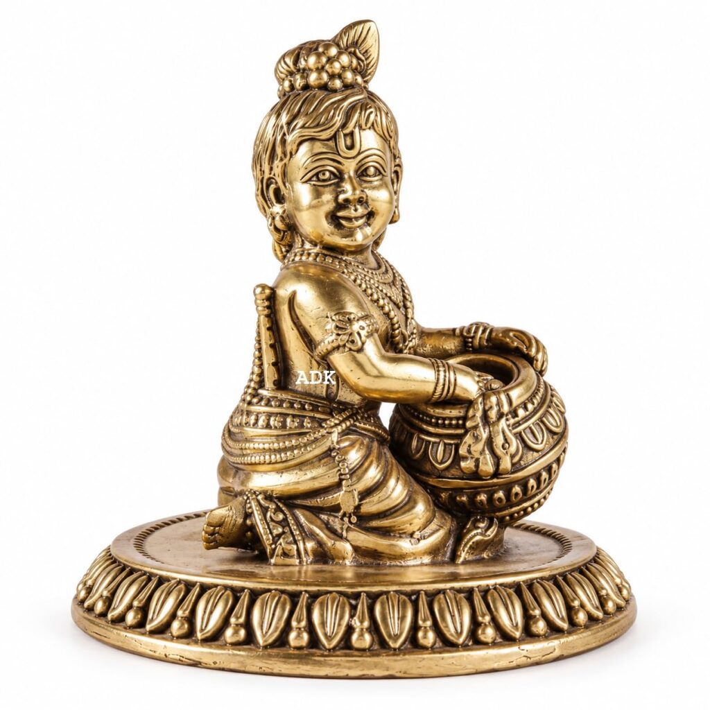ADK Handicraft Brass Makhan Chor Bal Gopal Krishna Idol with Base, 3 Inch Small Superfine Kanha Murti for Home Temple, Puja and Car Dashboard, Janmashtami, Diwali and Housewarming Gift