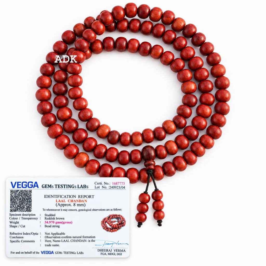 ADK Handicrafts Original Red Sandalwood Mala, Lab Certified Lal Chandan Mala, 108+1 Beads for Japa, Pooja, Meditation and Prayer, Gifting 8MM