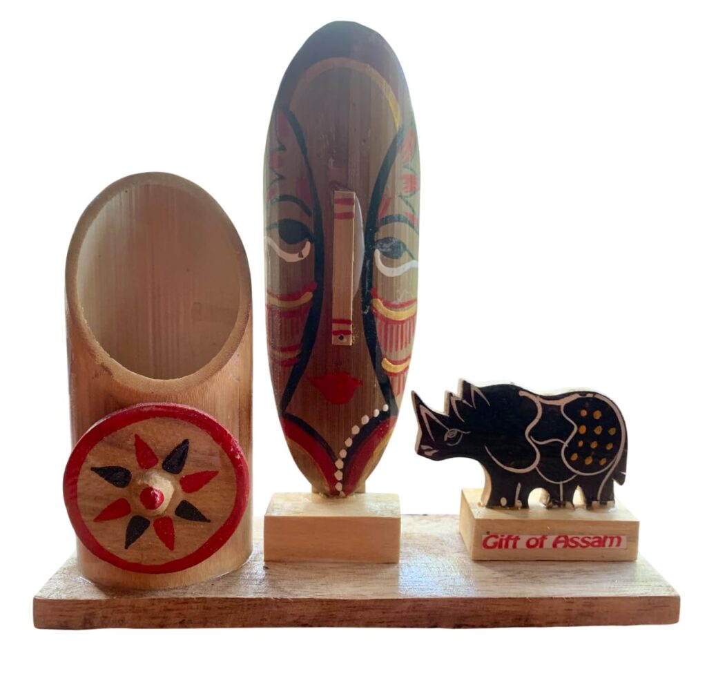 Awesome Assam Handicrafts Collection- Self-Standing Uniquely Assamese Solid (Mango Tree) Wood Showpiece/Pen Stand- 21cm H x 21cm W x 9cm D