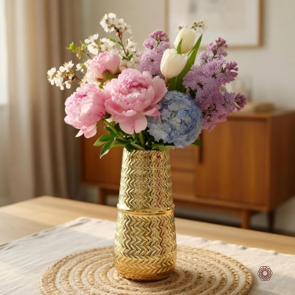 BEHOMA Arrow Engrave Metal Cylindrical Vase for Home Decor, Golden - 1Pc