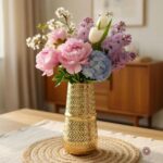 BEHOMA Arrow Engrave Metal Cylindrical Vase for Home Decor, Golden - 1Pc