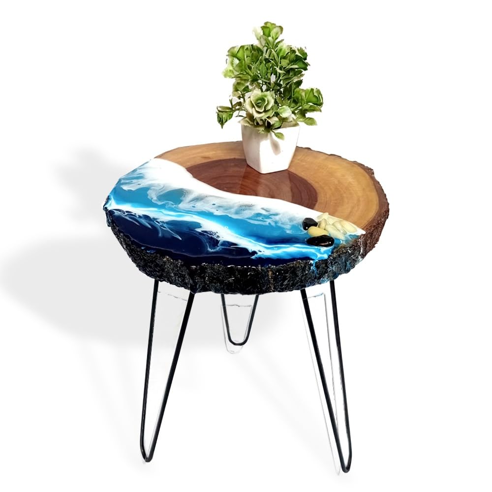 Beach Look Coffee Table for Bedroom Living Room Antique Wooden Log with bark Side Table End Table with Metal Hairpin Legs 13-14" Dia x 16" Height