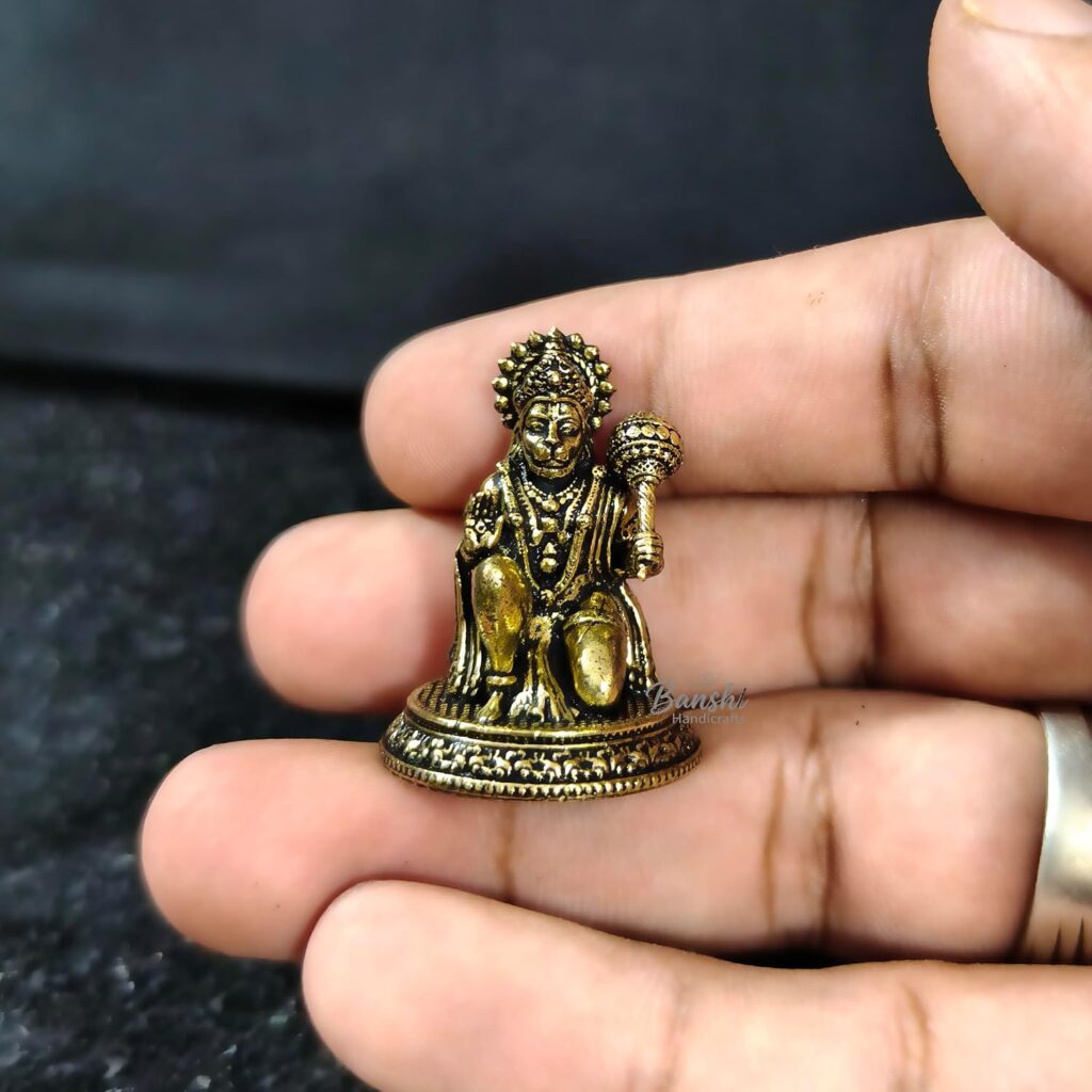 Brass Mini Hanuman Idol | Miniature Bajrangbali Murti for Home Temple, Car Dashboard, Office Desk & Pooja | Antique Brass Hanuman Statue | 3.2 cm