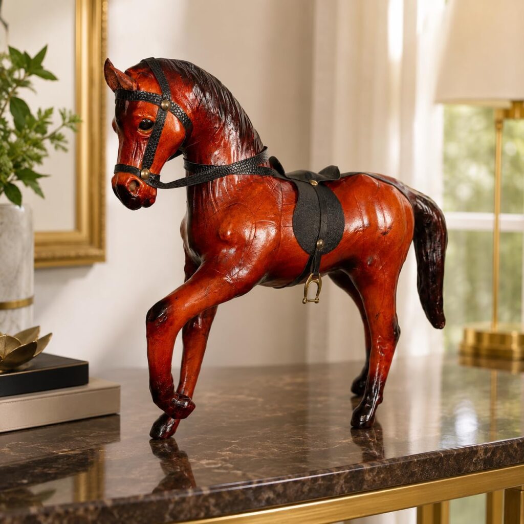 Decorative Horse Figurine Statue, Brown Leather-Wrapped with Saddle 6 inch Handicraft