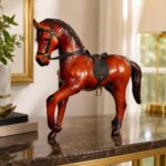 Decorative Horse Figurine Statue, Brown Leather-Wrapped with Saddle 6 inch Handicraft