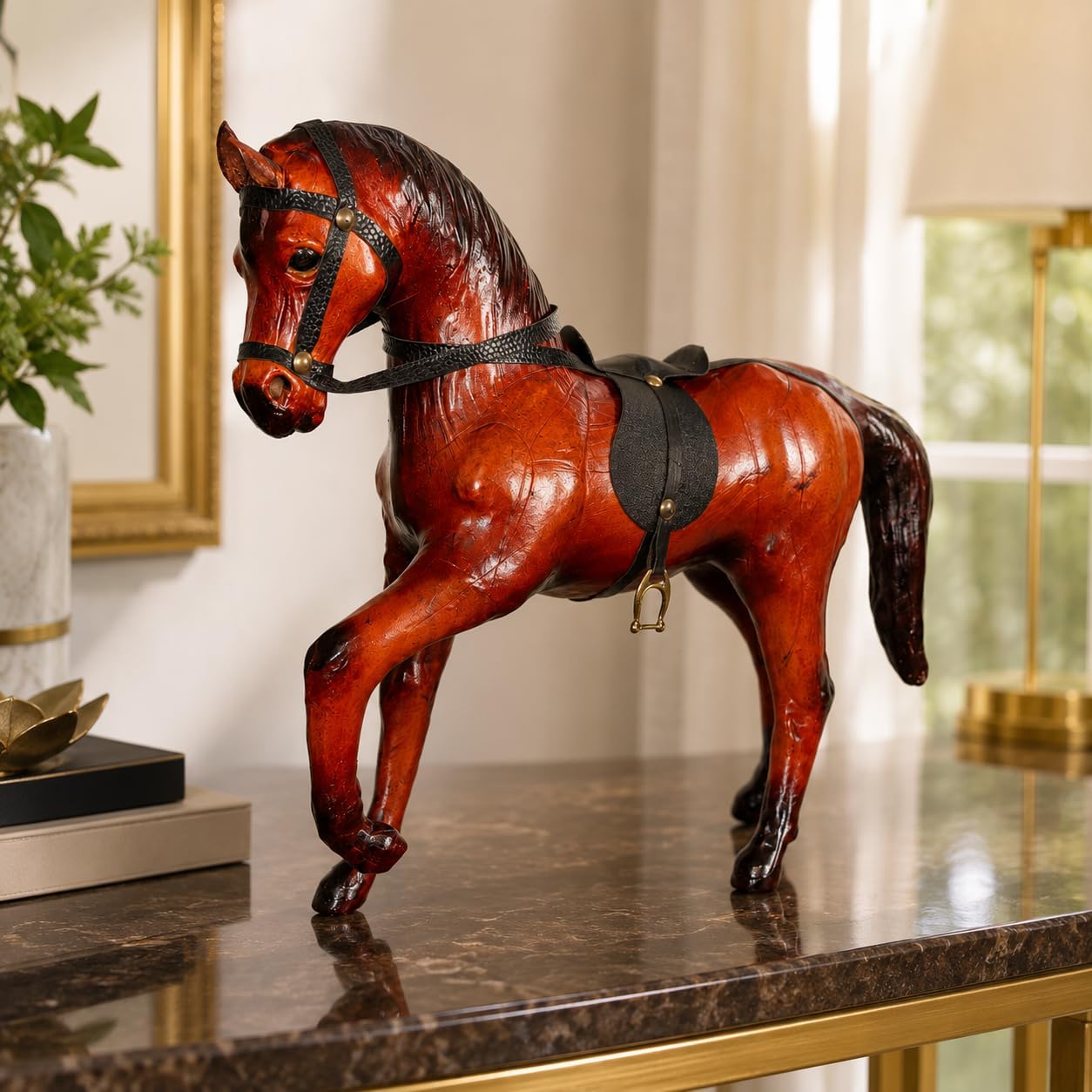 Decorative Horse Figurine Statue, Brown Leather-Wrapped with Saddle 6 inch Handicraft