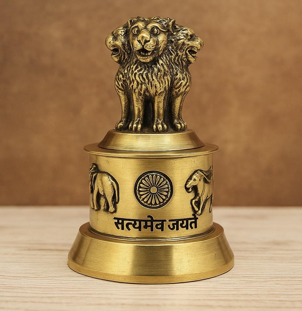 Handcrafted Brass Ashoka Pillar Showpiece | Lion Capital of India with “Satyameva Jayate” Engraving | Desk, Office, Home Décor & Government Gift Collectible