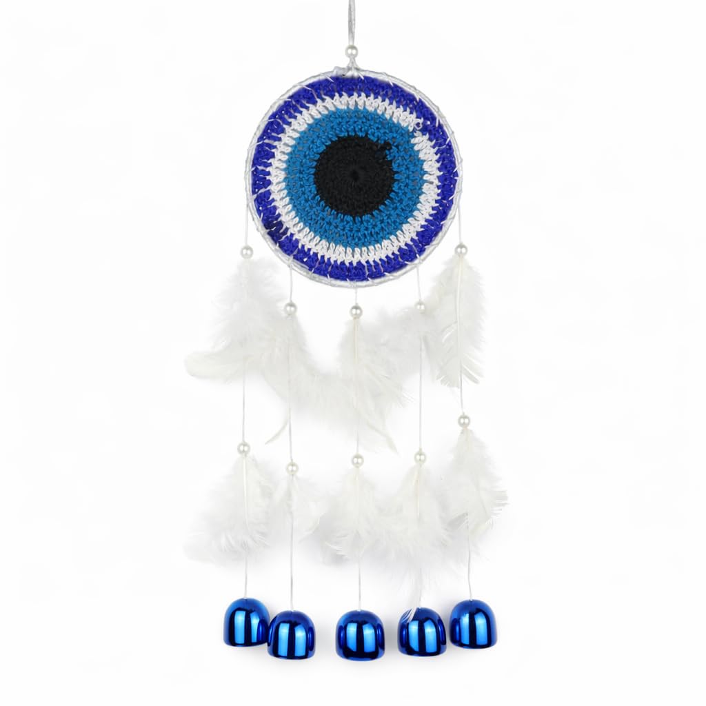 Handmade Crochet Dream Catcher for Bedroom with Bell (30 x 13 CM) | Boho Wall Hanging Decor for Living Room,Balcony & Car, Gift for Women & Girls (Blue White)