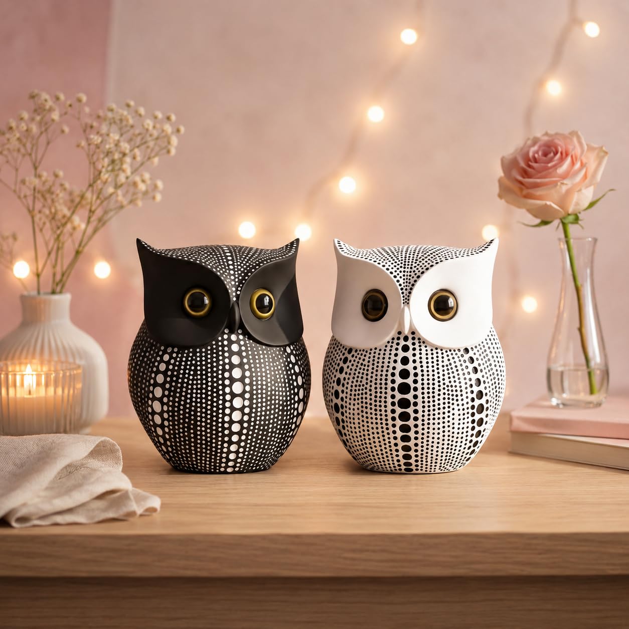 LIFEHAXTORE® Modern Classy Lucky Owl Handicraft Resin Art Figure Showpiece (Black and White, 2 Piece)