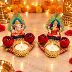 Lord Ganesha & Goddess Lakshmi Tealight Candle Holder Set of 2 | Decorative Diya Stand for Diwali Puja | Home, Mandir & Pooja Room Decor | Festive Gift