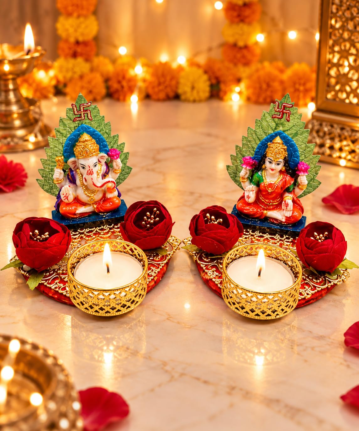 Lord Ganesha & Goddess Lakshmi Tealight Candle Holder Set of 2 | Decorative Diya Stand for Diwali Puja | Home, Mandir & Pooja Room Decor | Festive Gift