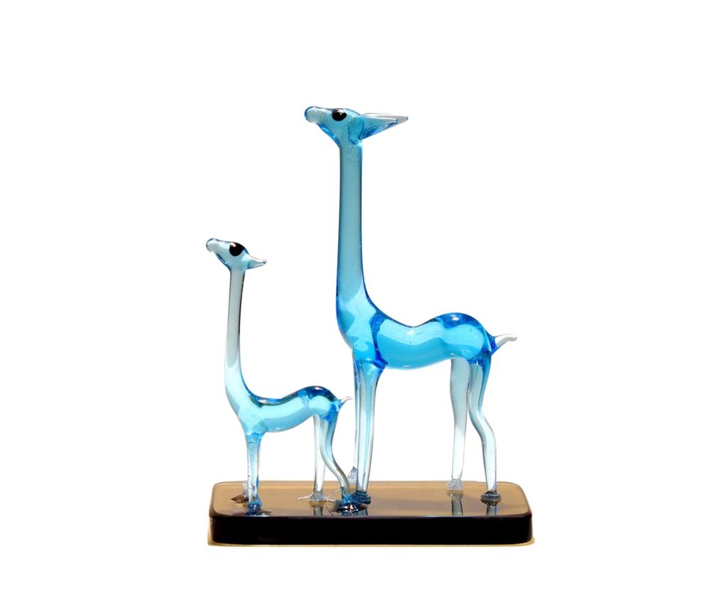 MARBOGLASS India Glass Handicraft Beautiful Giraffe Mother and Baby fix on Stand for Home Decorative Show Pieces Items (Blue and Green Option, Blue, 4.5 Inch)