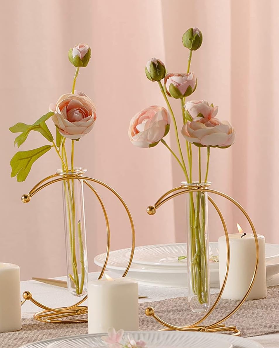 Metal Moon Design/Shaped Glass Flower Vase (20x10x26 CM) (Pack of 2 Pc) for Table Decoration with Hydroponic Glass & Gold Shiny Finish Flower Pot for Home Decoration.
