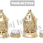 Metal Ragas Lantern (Pack of 2 Pcs) Decorative with Free Candle T-Light & Gold Color for Diwali Decoration Light Diyas
