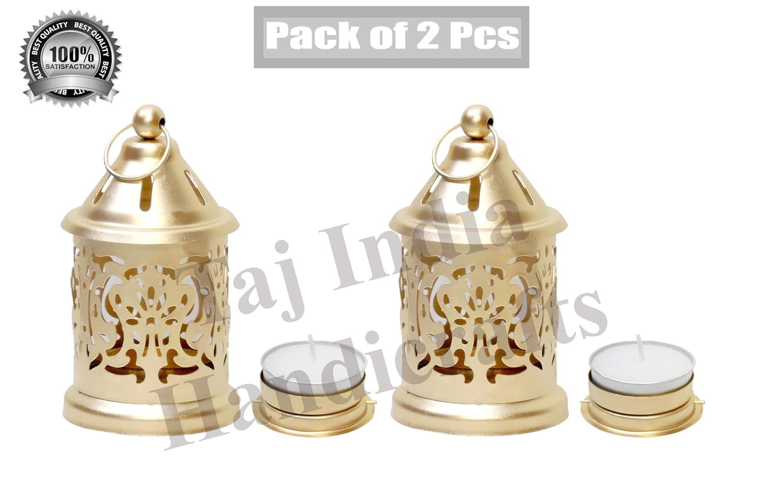 Metal Ragas Lantern (Pack of 2 Pcs) Decorative with Free Candle T-Light & Gold Color for Diwali Decoration Light Diyas