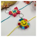 Prapti Handicrafts Handmade Eco-Friendly Crochet Cartoon Keychain Rakhi for Kids, Boys/Girls (smily sunflower+butterfly)
