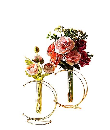 Taj India Handicrafts Metal Moon Design/Shaped Glass Flower Vase (20x10x26 CM) (Pack of 2 Pcs) for Table Decoration with Hydroponic Glass & Gold Shiny Finish Flower Pot for Home Decoration.