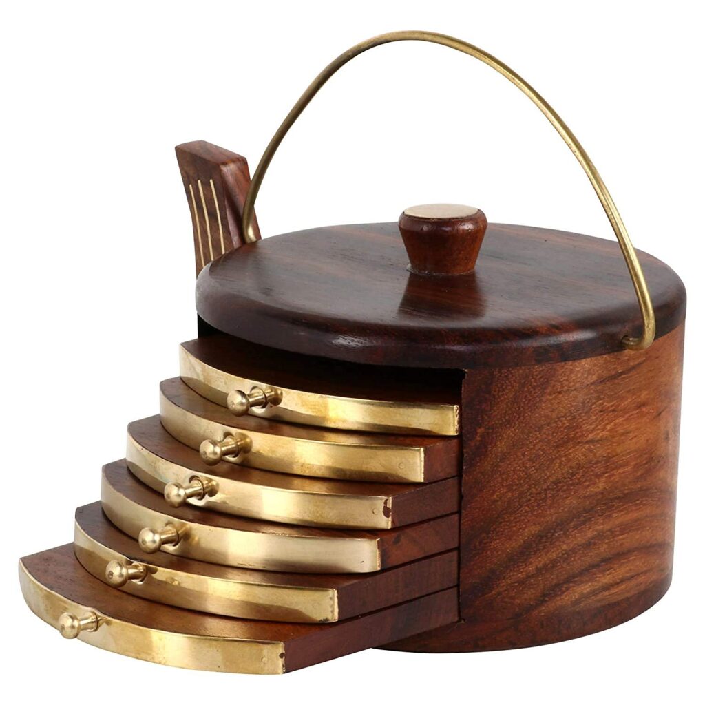 Wooden Kettle Shape Drink Coasters Wood Table Coaster Set of 6 for Tea Cups, Coffee Mugs, Beer Cans, Bar Tumblers and Water Glasses