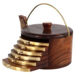 Wooden Kettle Shape Drink Coasters Wood Table Coaster Set of 6 for Tea Cups, Coffee Mugs, Beer Cans, Bar Tumblers and Water Glasses