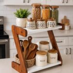 Wooden Kitchen Countertop Organizer Rack 2 Tier Spice Rack Storage Shelf Kitchen Stand for Spice Jars Oil Bottles Utensils Bathroom Counter Pantry Organizer Home Decor Brown White (Style 3 )