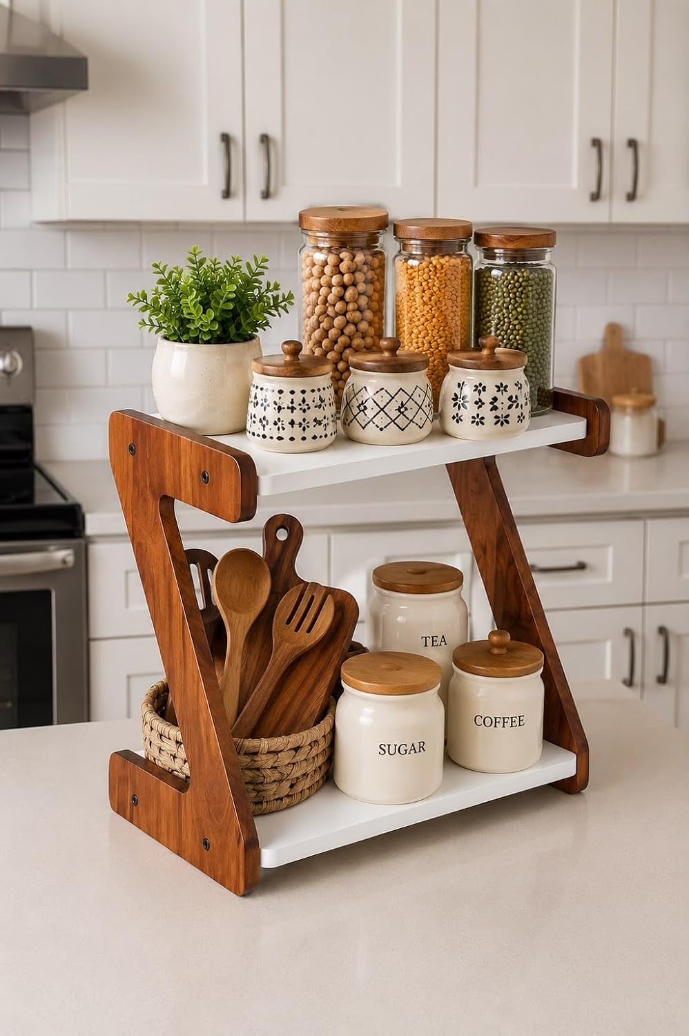 Wooden Kitchen Countertop Organizer Rack 2 Tier Spice Rack Storage Shelf Kitchen Stand for Spice Jars Oil Bottles Utensils Bathroom Counter Pantry Organizer Home Decor Brown White (Style 3 )
