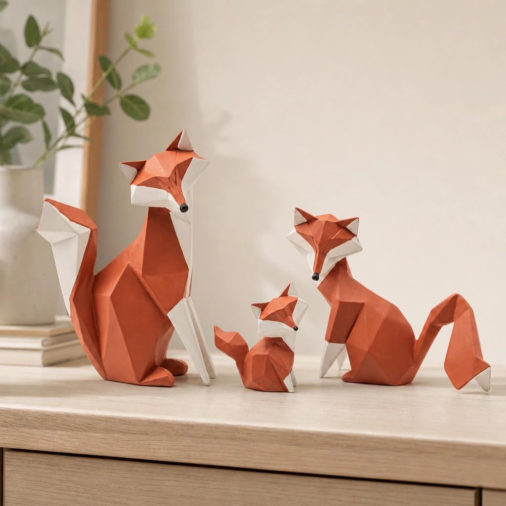 elaris Charming Geometric Fox Family Sculpture Showpiece for Home & Office Décor | Modern Animal Figurine Set for Living Room, Study, Shelf & Console Table Styling | Contemporary Wildlife Accent