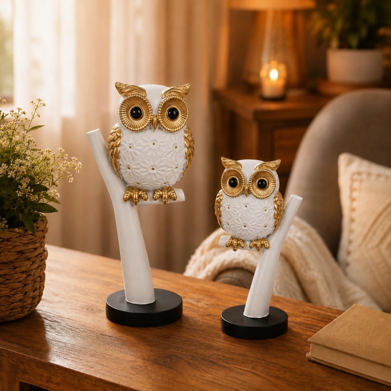 elaris Charming Owl Figurine Set for Home & Office Décor | Handcrafted Modern Showpiece for Living Room, Study, Shelf & Table Styling (White & Gold)