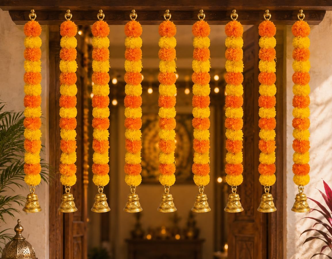 iHandikart Artificial Marigold Flower Garland with Golden Bell | 27 Inch, Pack of 10 Yellow & Orange Genda Phool Hanging for Home, Mandir, Ganesh Chaturthi, Navratri, Dussehra & Diwali Decoration