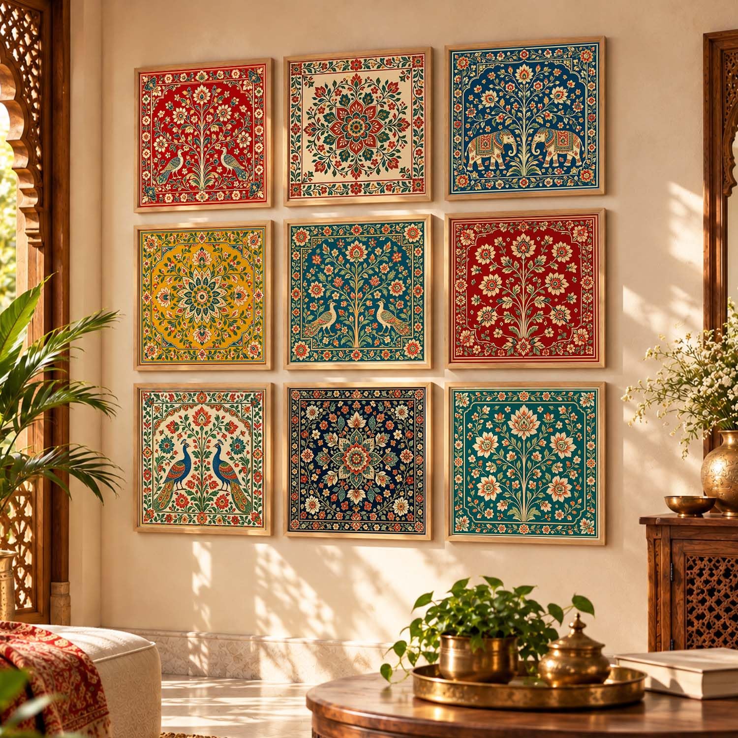 kotart Artistic Indian Traditional Art Wall Painting Madubani Home Decoration With Frame For Living Room Bed Room Hotel Wall Decor Digital Reprint Engineered Wood Set of 9 (8X8 Inch)