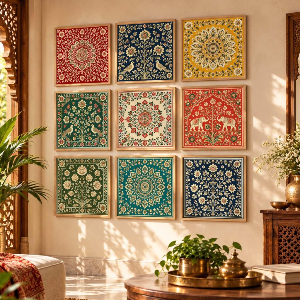 kotart Classic Madhubani Art Wall Painting Traditional Home Decoration With Frame For Living Room Bed Room Hotel Wall Decor Digital Reprint Set of 9 (8X8 Inch)