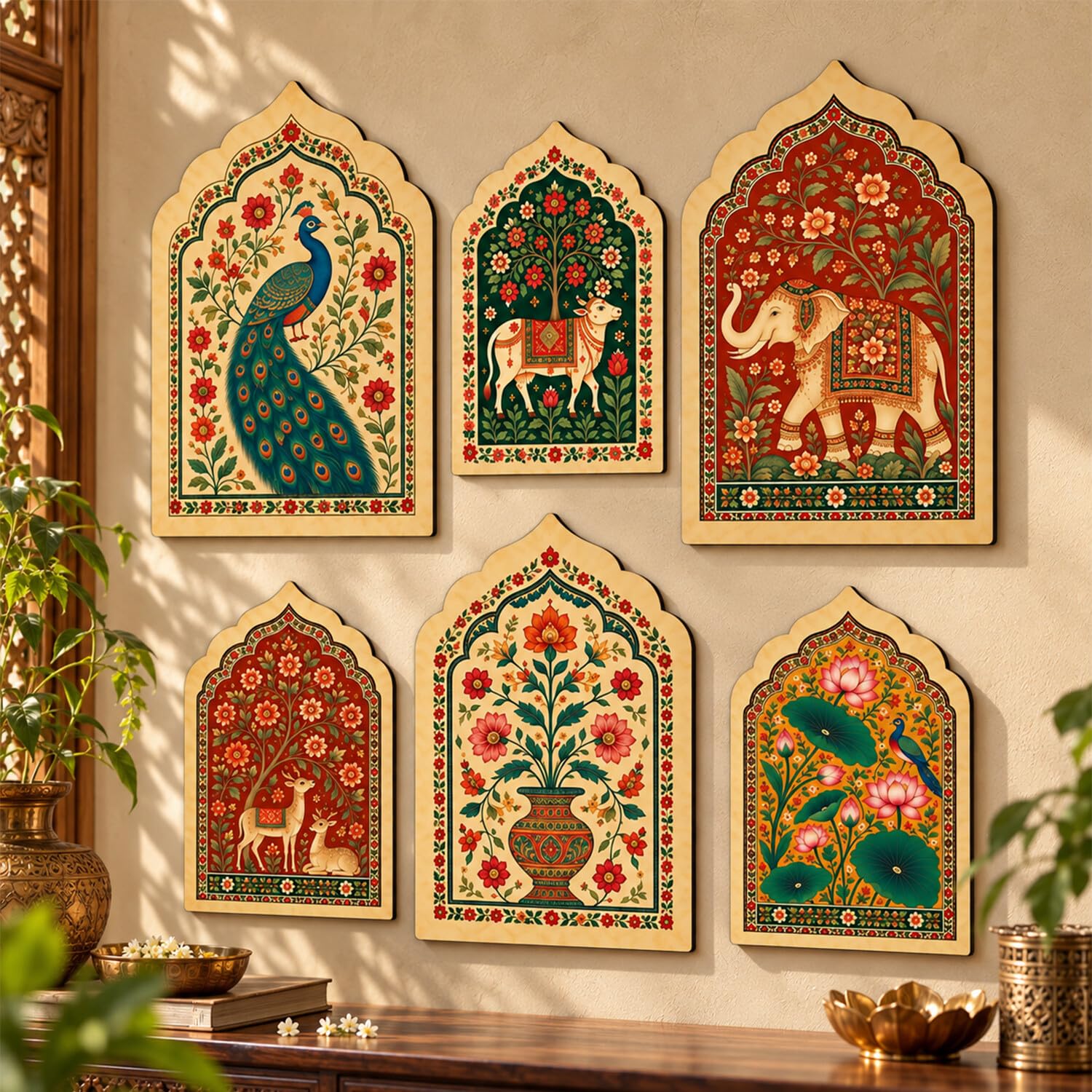 kotart Jharokha MDF Wall Art for Home Decor | Traditional Indian Art Prints | Decorative Wall Decor Items for Living Room Bedroom | Set of 6
