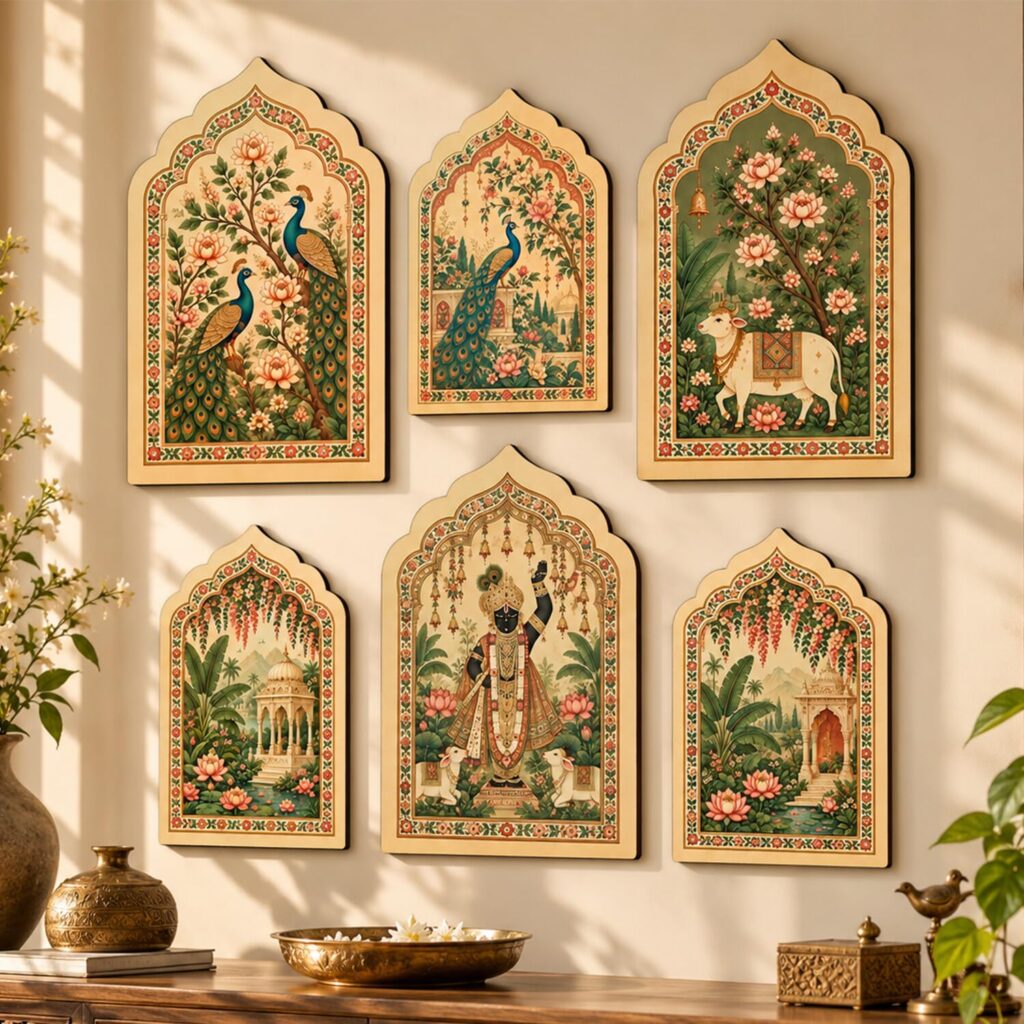 kotart Jharokha Wall Hanging Set of 6 | Traditional Indian Art Prints | Decorative MDF Wall Art & Home Decor Items for Living Room Bedroom