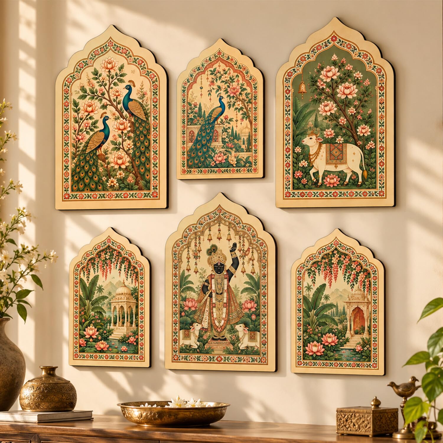 kotart Jharokha Wall Hanging Set of 6 | Traditional Indian Art Prints | Decorative MDF Wall Art & Home Decor Items for Living Room Bedroom