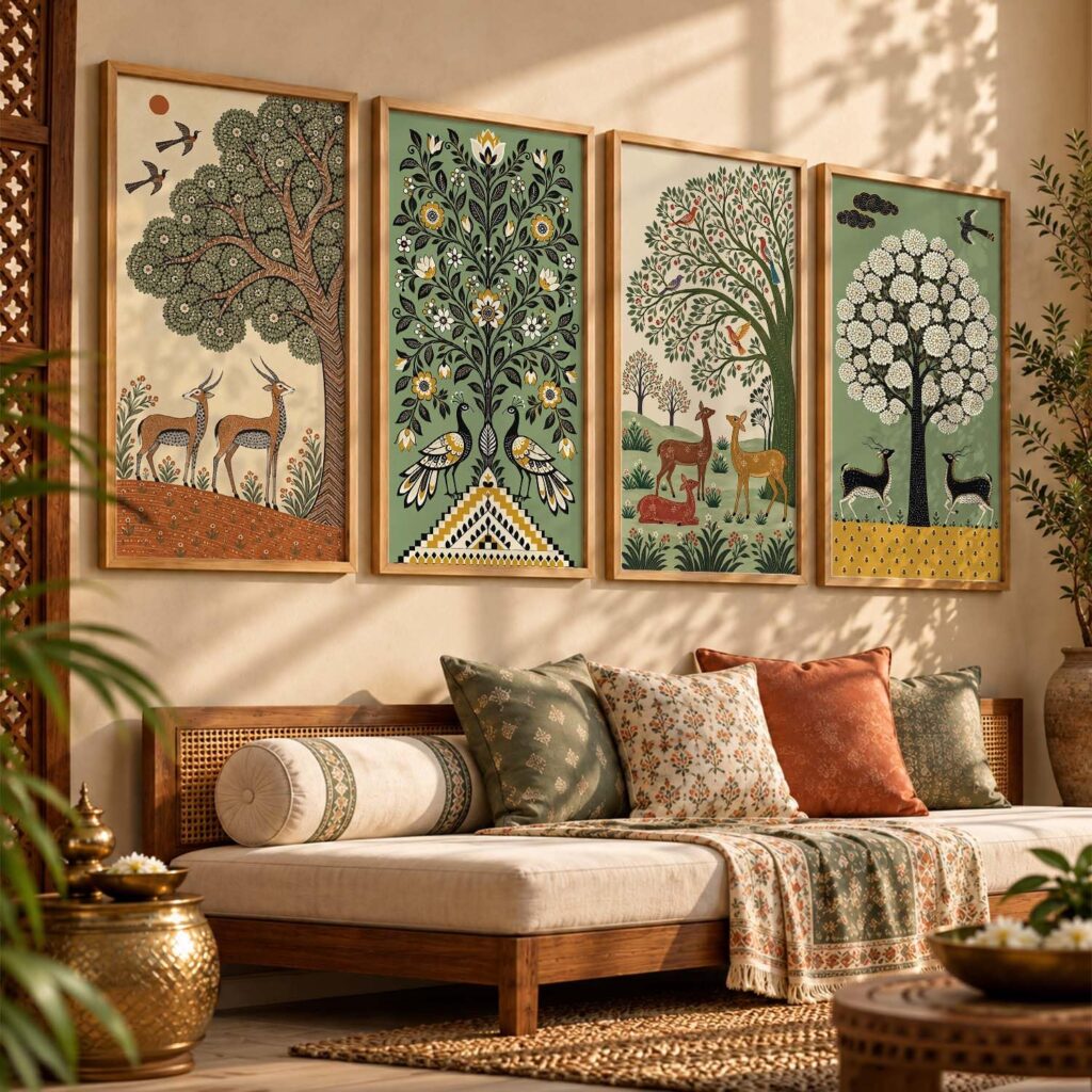 kotart Madhubani Painting Traditional Indian Art Home Decoration With Frame Living Room Bed Room Hotel Wall Decor Digital Reprint | Framed Wall Art Paintings Art Print (Set of 4, 10X19 Inch)