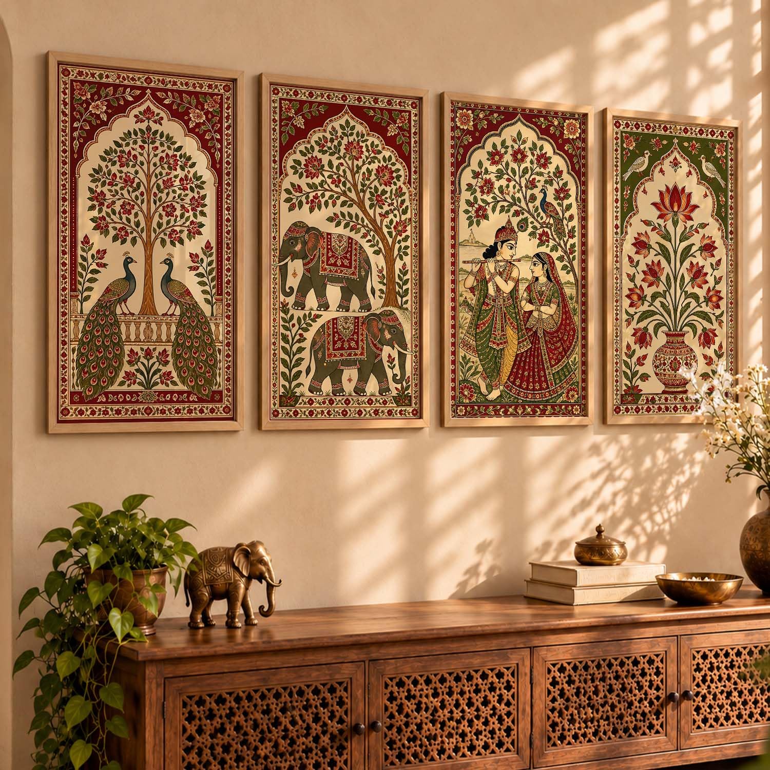 kotart Madhubani Painting Traditional Indian Art With Frame Living Room Bed Room Hotel Wall Decor Digital Reprint Home Decor | Framed Wall Art Art Print Paintings (Set of 4, 10X19 Inch)