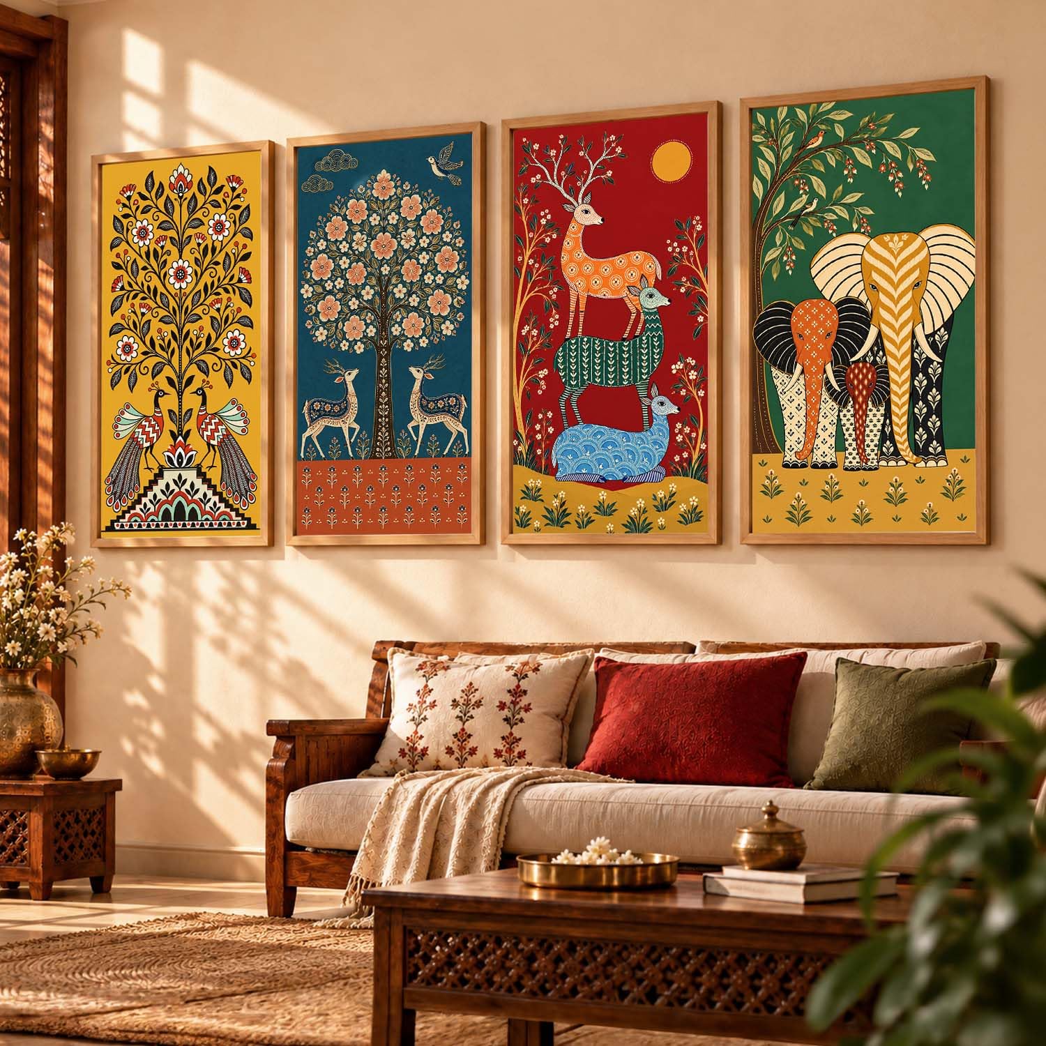 kotart Traditional Indian Art Madhubani Painting With Frame Living Room Bed Room Hotel Wall Decor Digital Reprint Home Decoration | Framed Wall Art Art Print Paintings (Set of 4, 10X19 Inch)