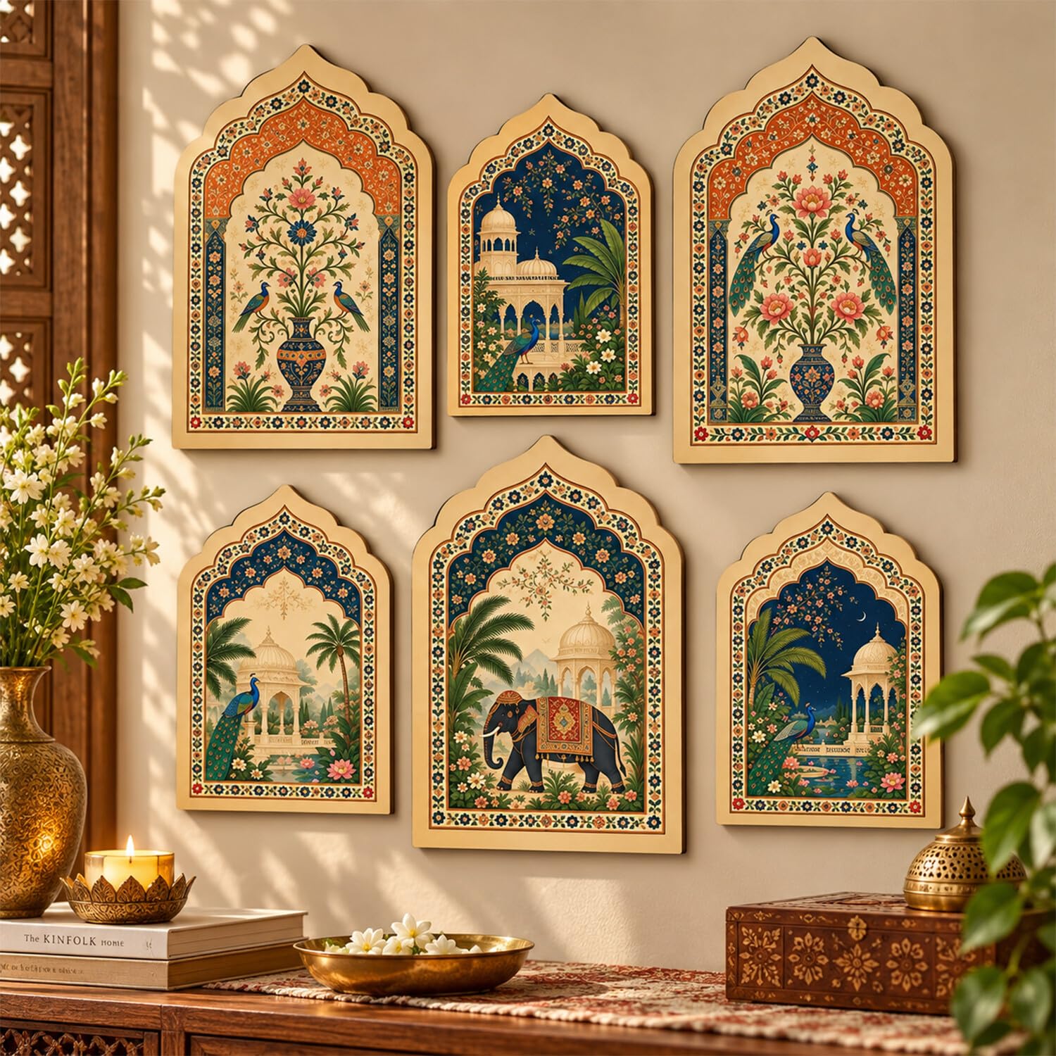kotart Traditional Jharokha MDF Wall Art | Decorative Indian Art Prints Set of 6 | Home Decor & Wall Decoration Items for Living Room Bedroom
